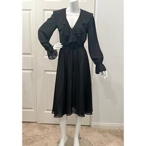 Vintage Strauss by Bonnie Black Sheer Ruffle V-Neck Dress Romantic Size S/M